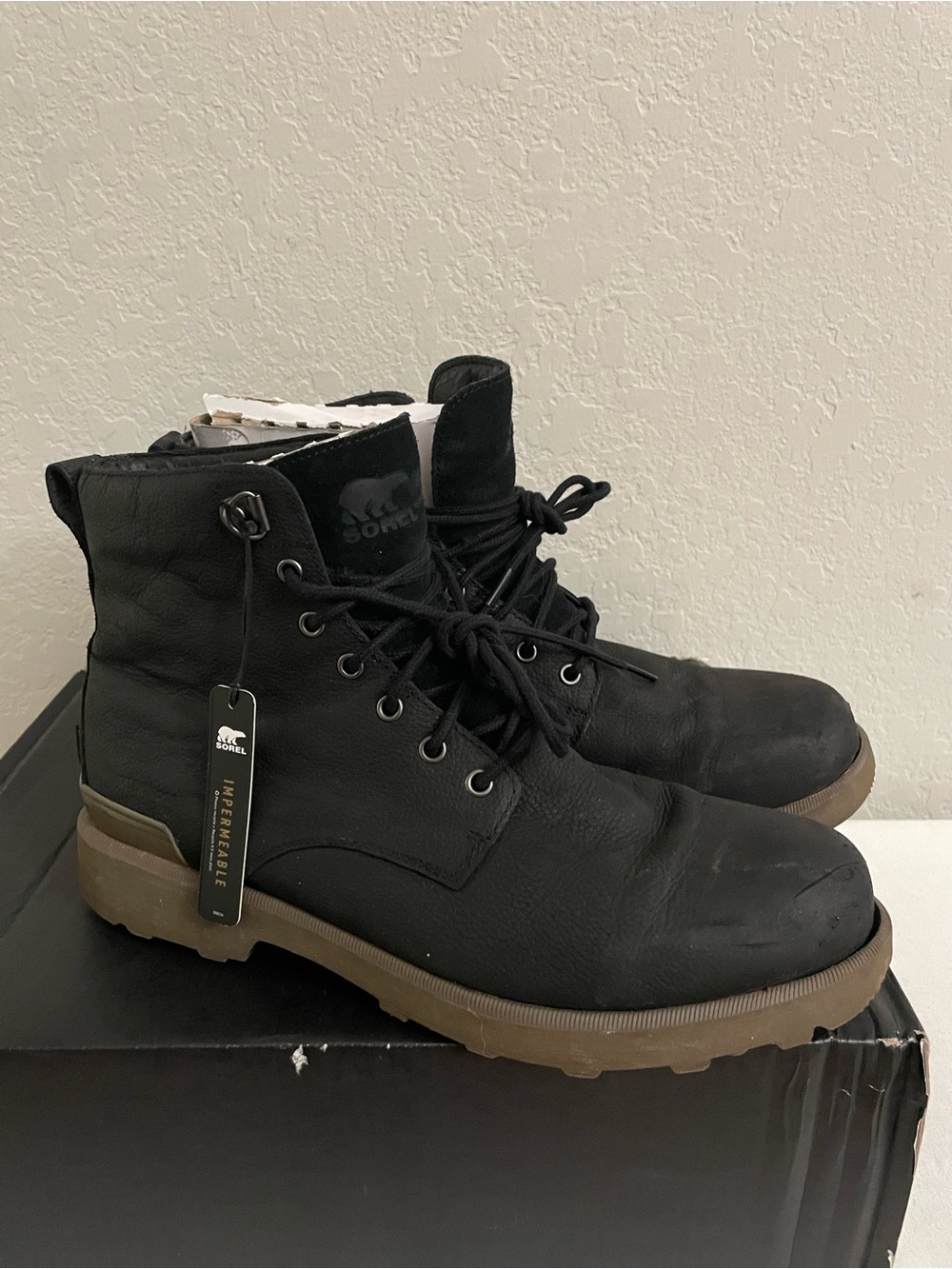 Sorel NM3908 Men Size 12 Black Leather Waterproof Boots USED DAMAGE